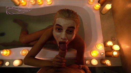 Цыпочка расслабляется в ванне и сосет любовнику